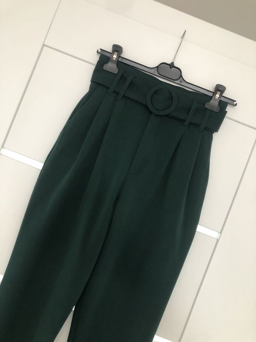 Spodnie Zara xs butelkowa zielen wysoki stan pasek