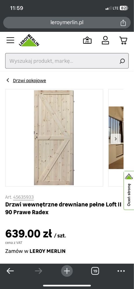 Drzwi drewniane, prawe, 90 cm