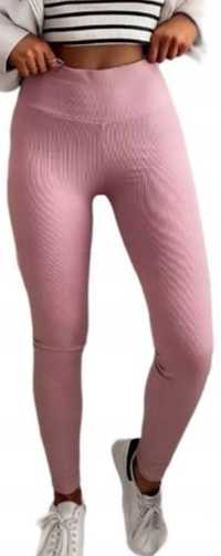 spodnie modne damskie legginsy w prążki jasny róż rozmiar z metki s/m