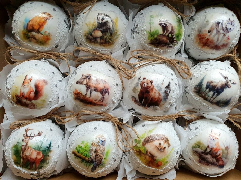 Bombki choinkowe śnieżki 80mm 8cm 12szt zwierzęta leśne