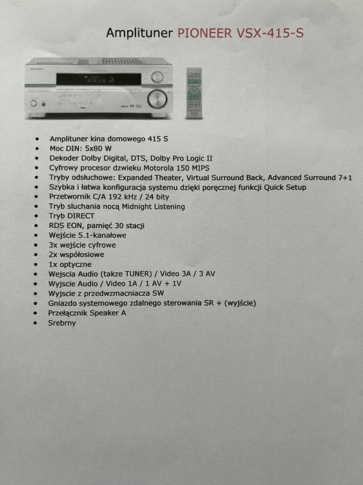 Amplituner Pioneer VSX 415 + zestaw głośnikowy TONSIL MISTRAL