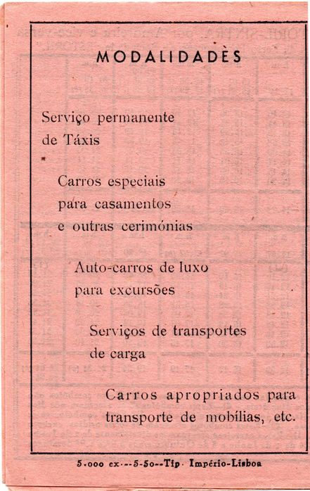 Antigos Horários dos Taxis Palhinha 1956