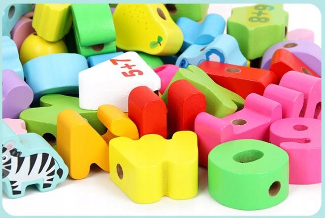 Koraliki Klocki Drewniane Do Nawlekania Montessori Edukacyjne Duży Zes