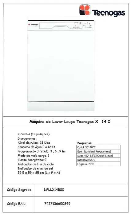 Máquina lava loiça Tecnogas - Como Nova