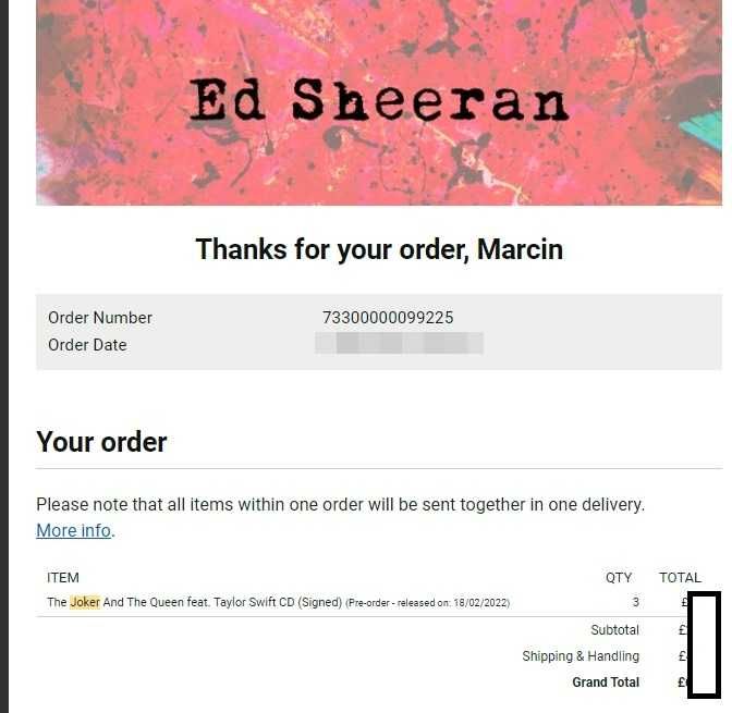 AUTOGRAF! Ed Sheeran - Joker And the Queen