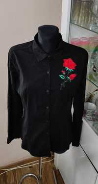 Koszula damska czarna bluzka róża czerwona Cinderella bawełna