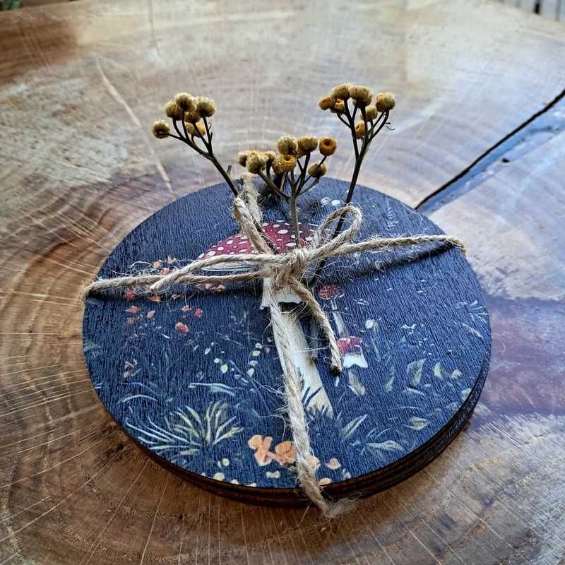 Leśne drewniane podkładki pod szklanki kubki filiżanki zestaw 6 sztuk