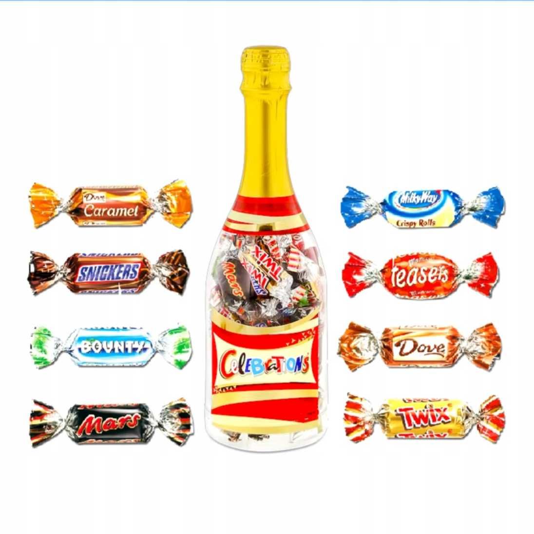 cukierki celebrations mars twix butelka w butelce od szampana na prez