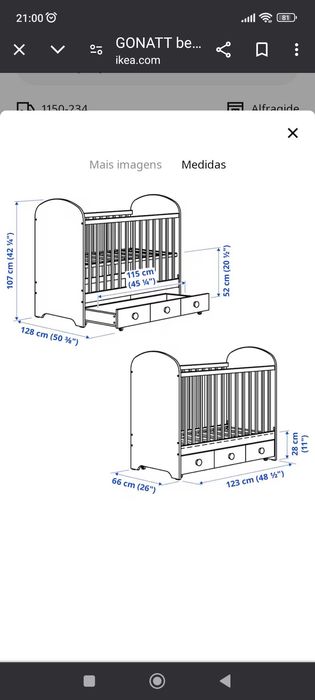 Berço com gavetas GONATT IKEA 60×120cm e Colchão de espuma 60×120×8cm