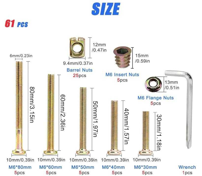 Zestaw śrub i nakrętek do mebli M6 59 elementów
