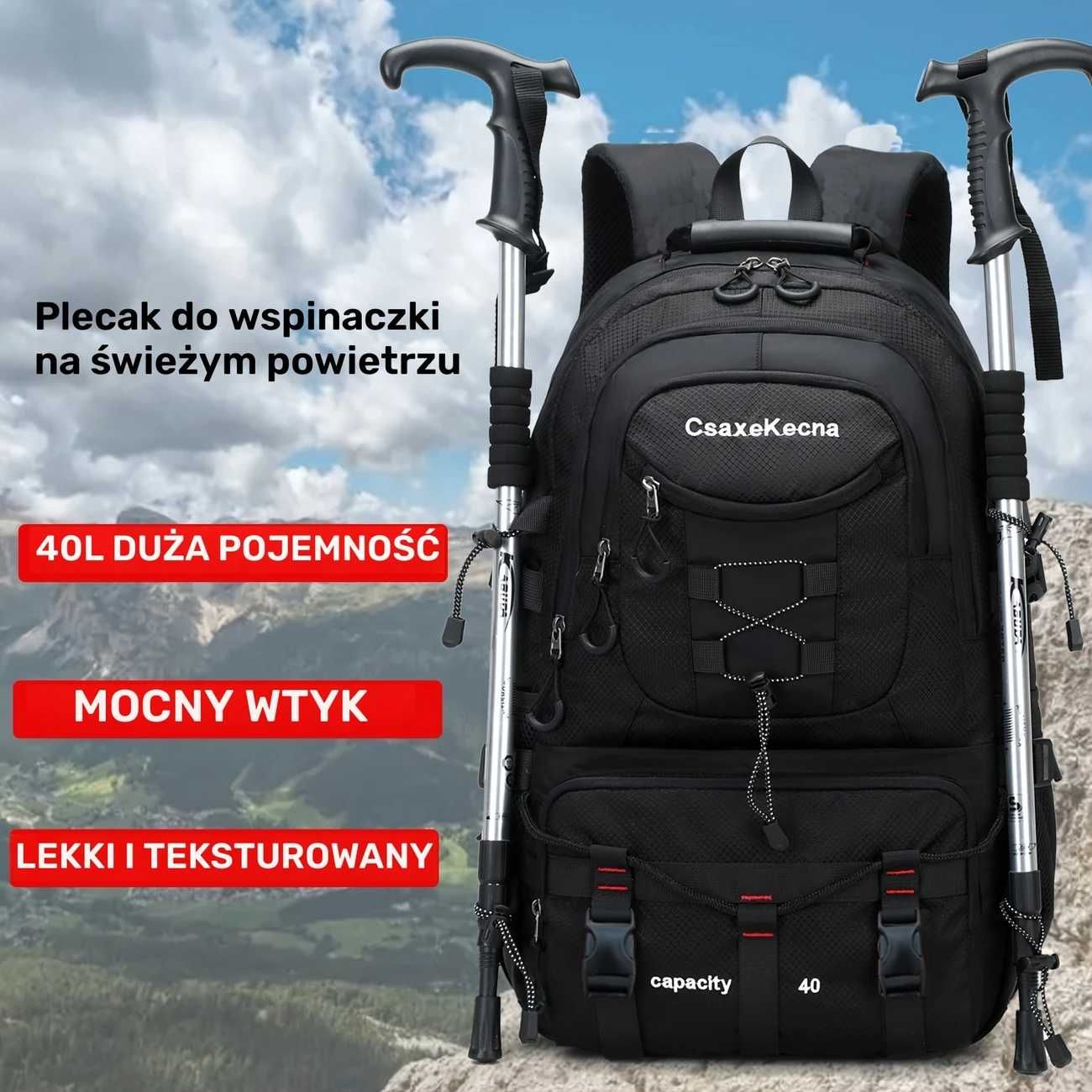 Duży plecak podróżny 40L z przegrodą na laptopa wielokomorowy lekki