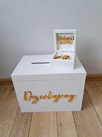 Białe pudełko na obrączki koperty lustrzane złote pleksi wesele