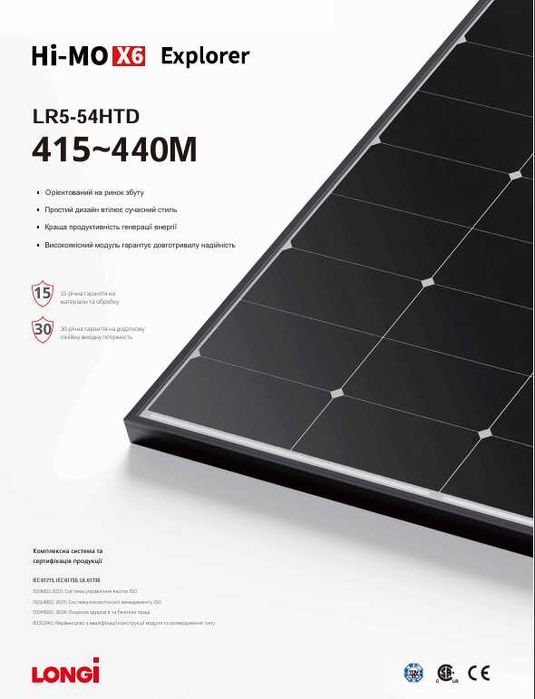 Сонячні панелі Longi Solar LR5-54HTD-430M//615 bificial Hi-MO 6,7