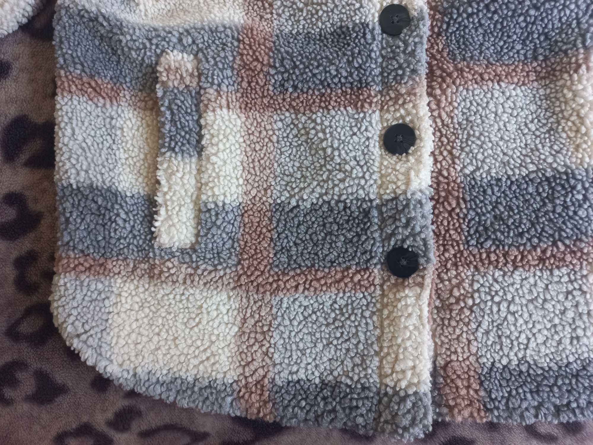 SINSAY shaket kurtka baranek miś szary beżowy kratka oversize 42 XL