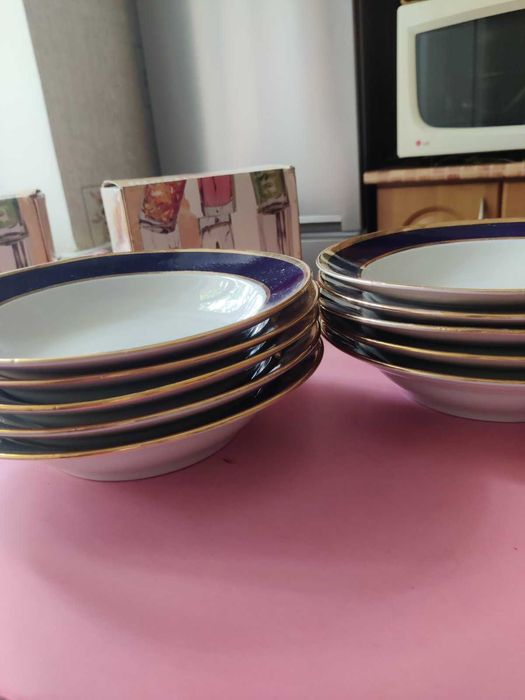 Набор тарелок. Позолота, кобальт, СССР.