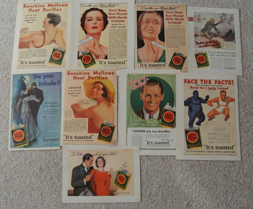 9 reklam prasowych VINTAGE LUCKY STRIKE z lat 1930-33