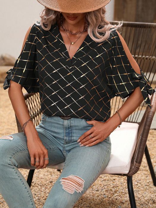 Bluzka Argyle Z Wyciętymi Ramionami Czarno-Złota Casual Shein S 36