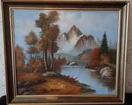 Obraz olejny w pięknej ramie góry rzeka las 61x71 cm