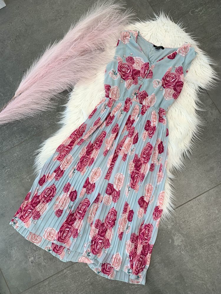 Sukienka błękitna plisowana w kwiaty maxi midi (L)