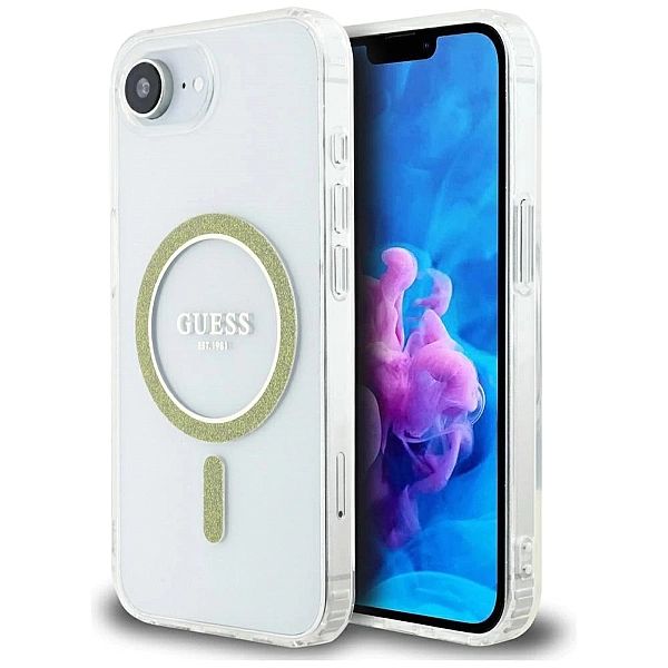Etui Guess IML Glitter Circle MagSafe na iPhone 16e - przezroczyste
