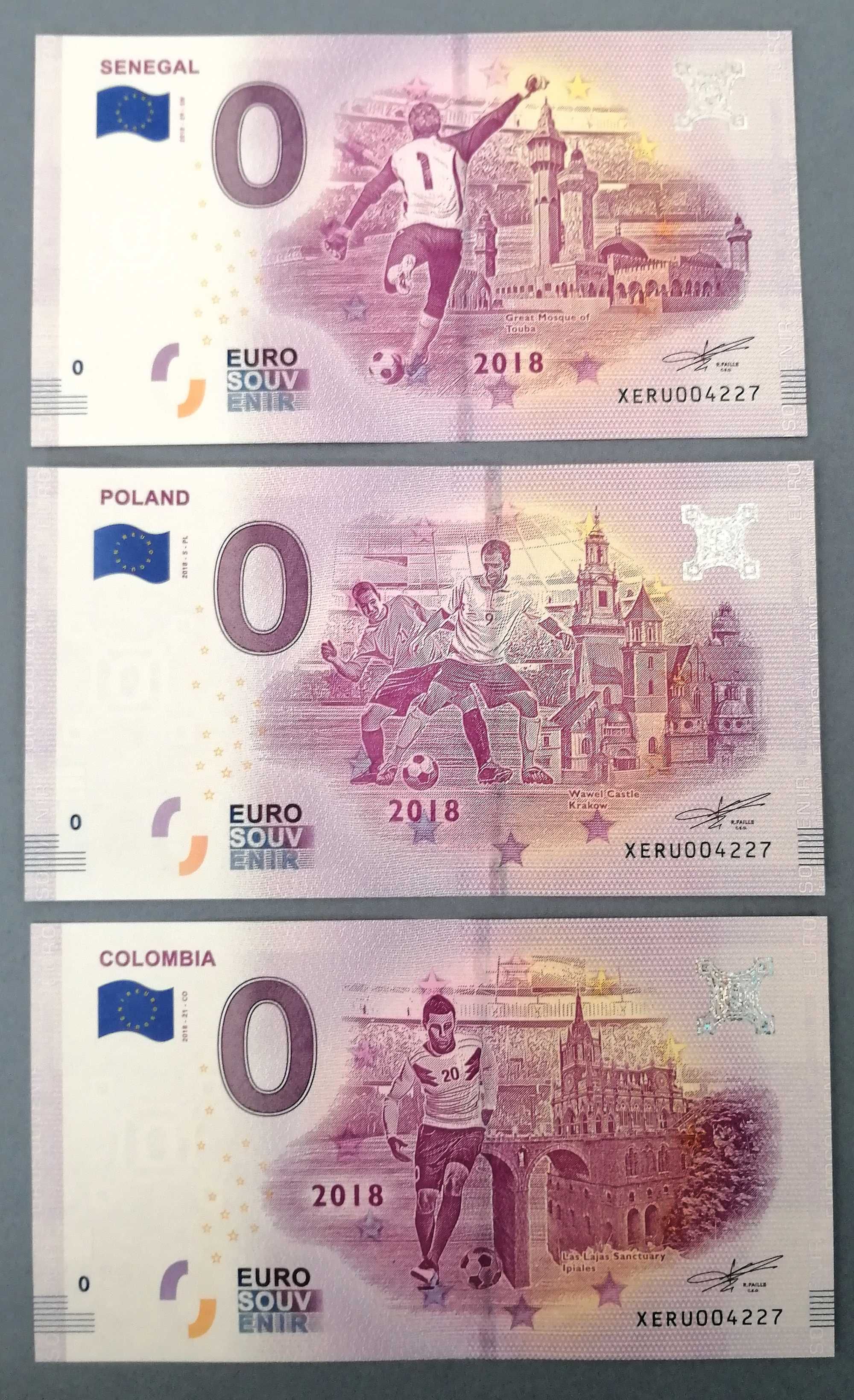 3 x 4227 banknoty 0 euro edycja FIFA 2018, w tym Poland Kraków Wawel.