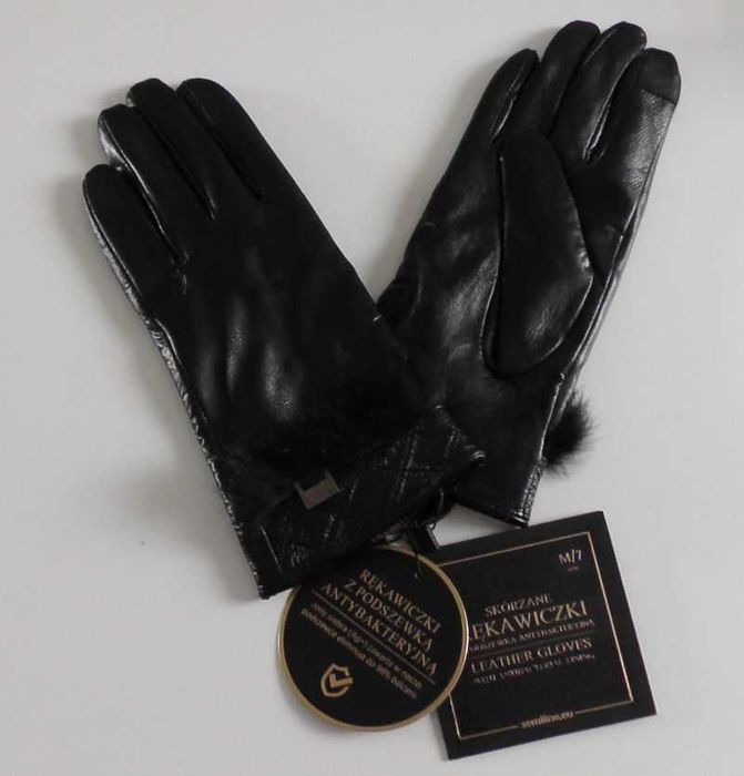 Rękawiczki skórzane damskie - antybakteryjne - czarne Rozmiar M