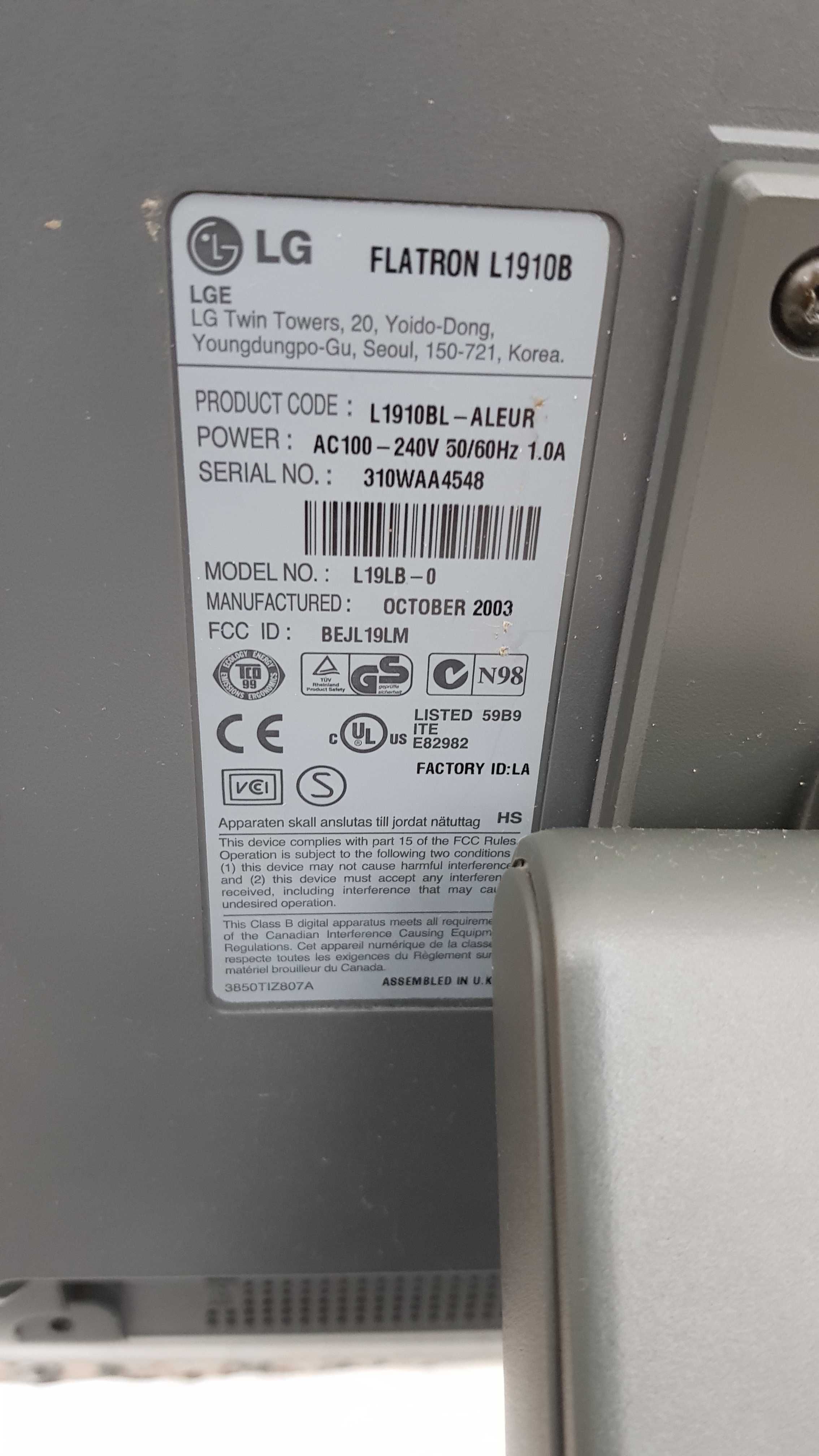 Monitor LG FLATRON L1910B TFT LCD 19" 1280 x 1024