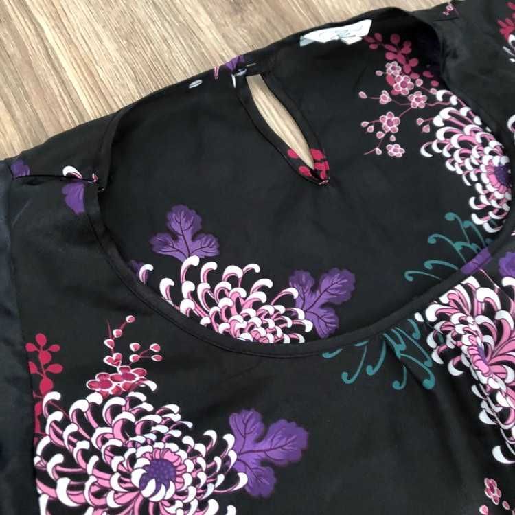 Czarna bluzka tunika w kwiaty, falbaniaste rękawy, 42, New Look