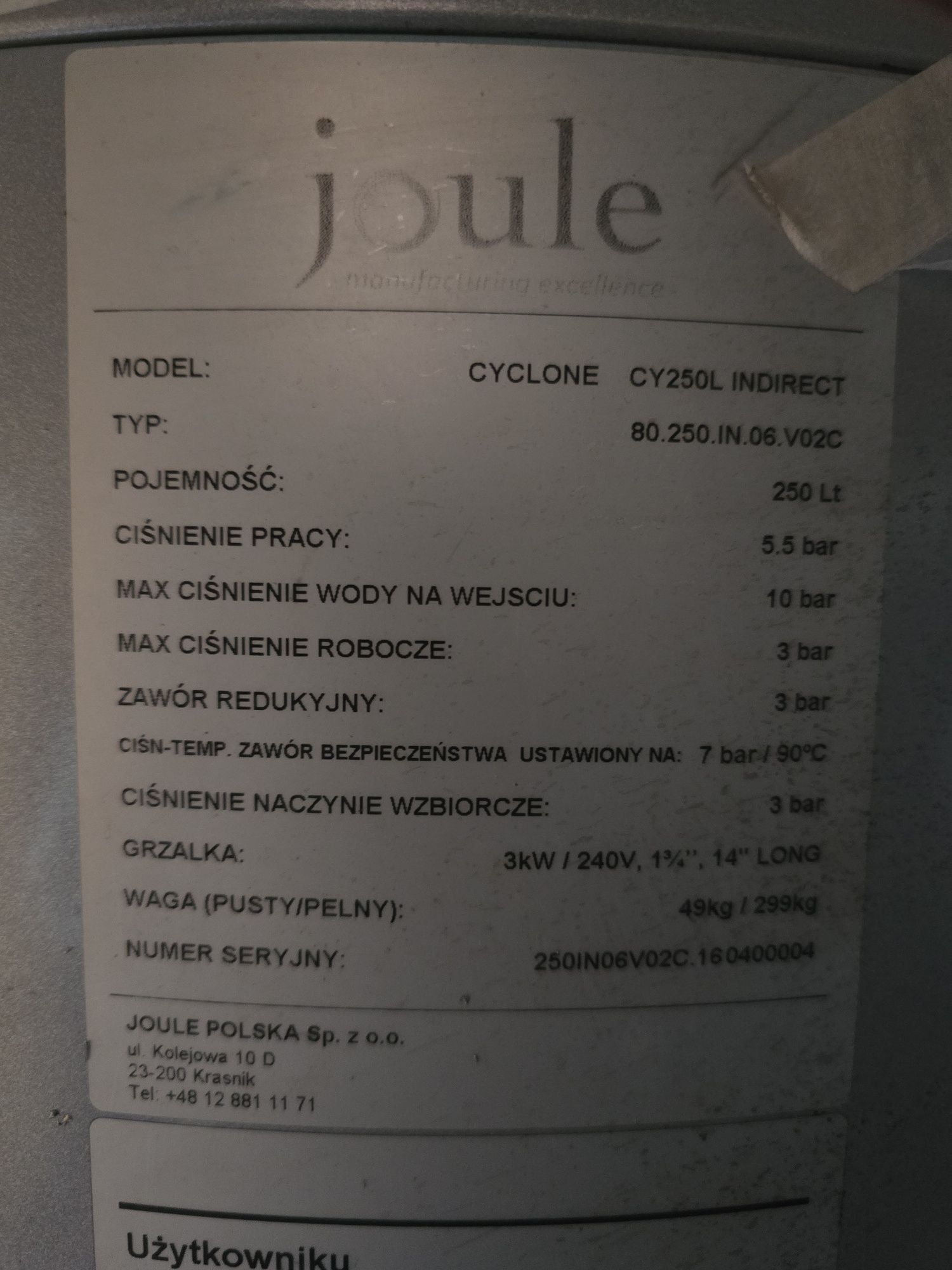 Zbiornik, podgrzewacz 247L Joule Cyclone INOX TCPMVI0250NFC nierdzewka