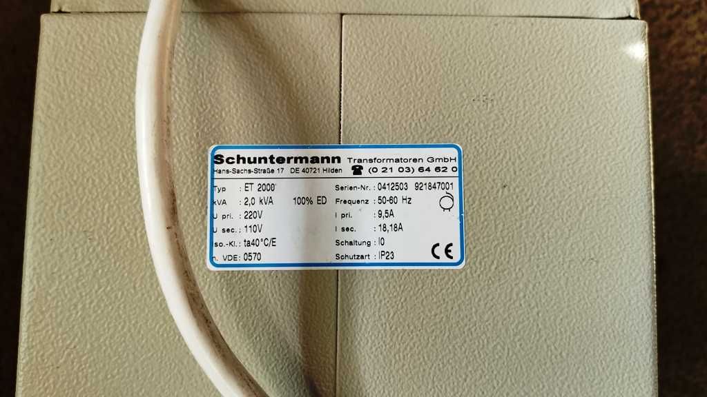 ET 2000 Трансформатор 220 в 110, 2.0 kVA
Ing. Schuntermann Gmbh