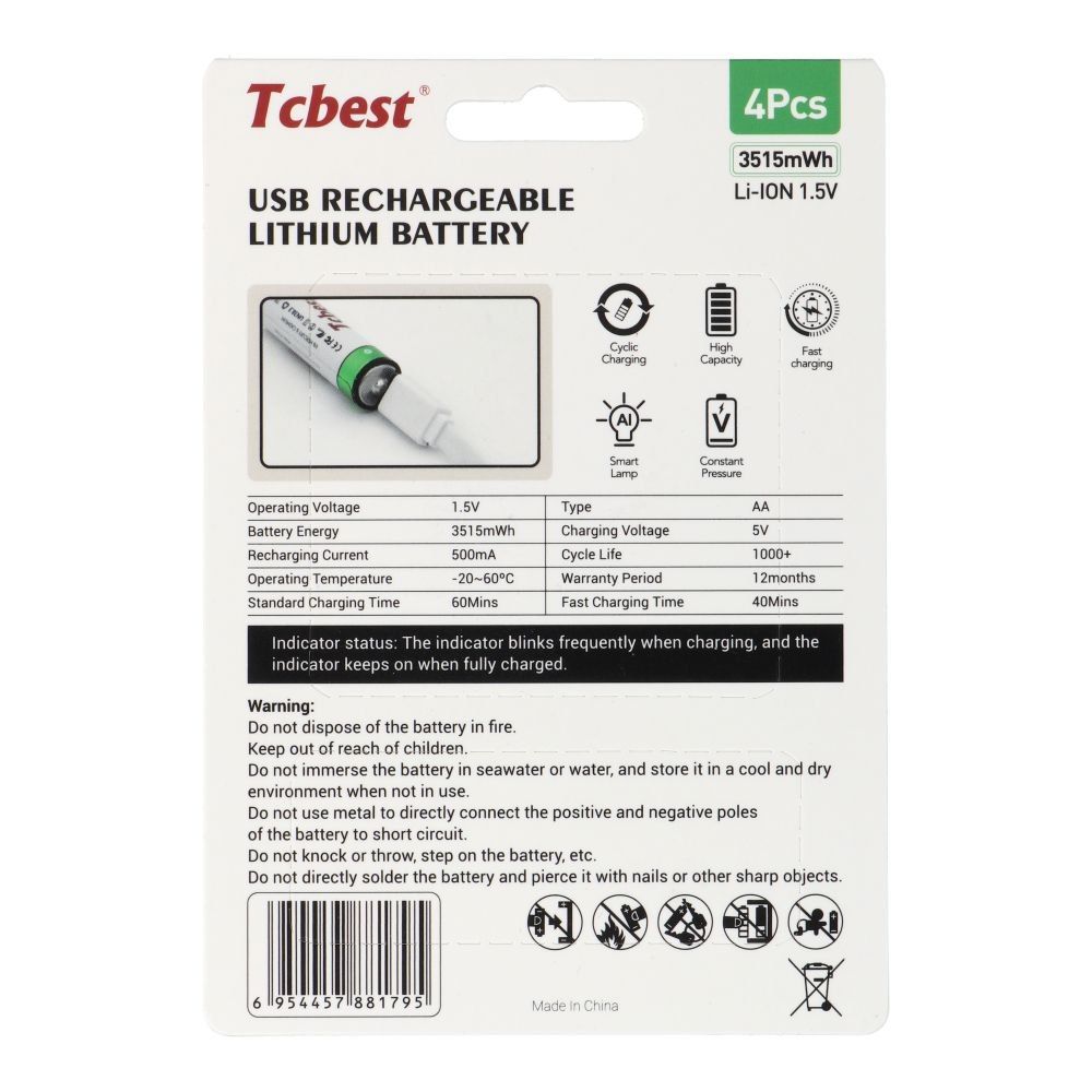 TCBEST bateria akumulatorowa R6 (AA) 950 mAh z gniazdem Typ C