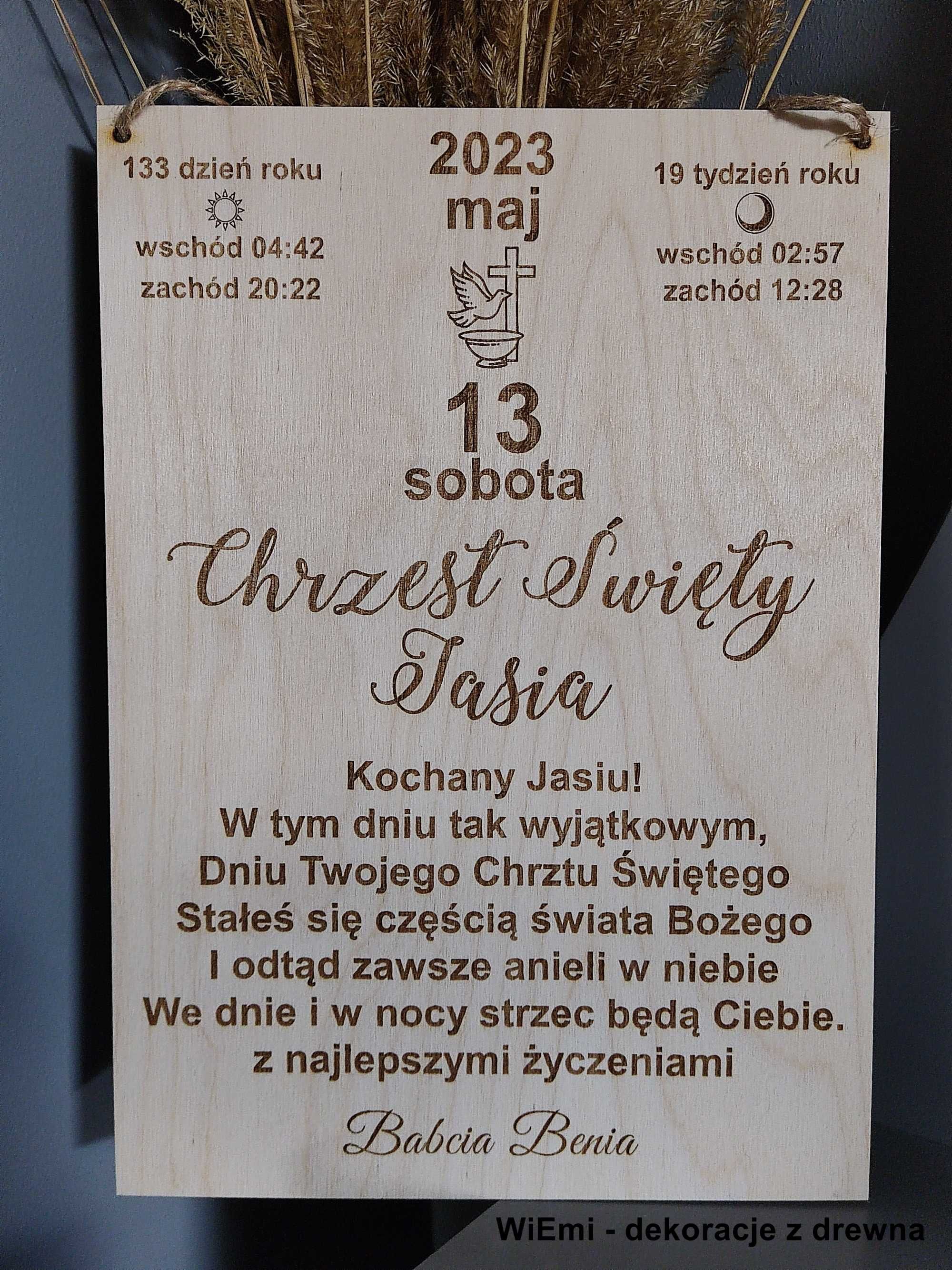 Kartka z kalendarza drewniana Chrzest Święty pamiątka dla dziecka