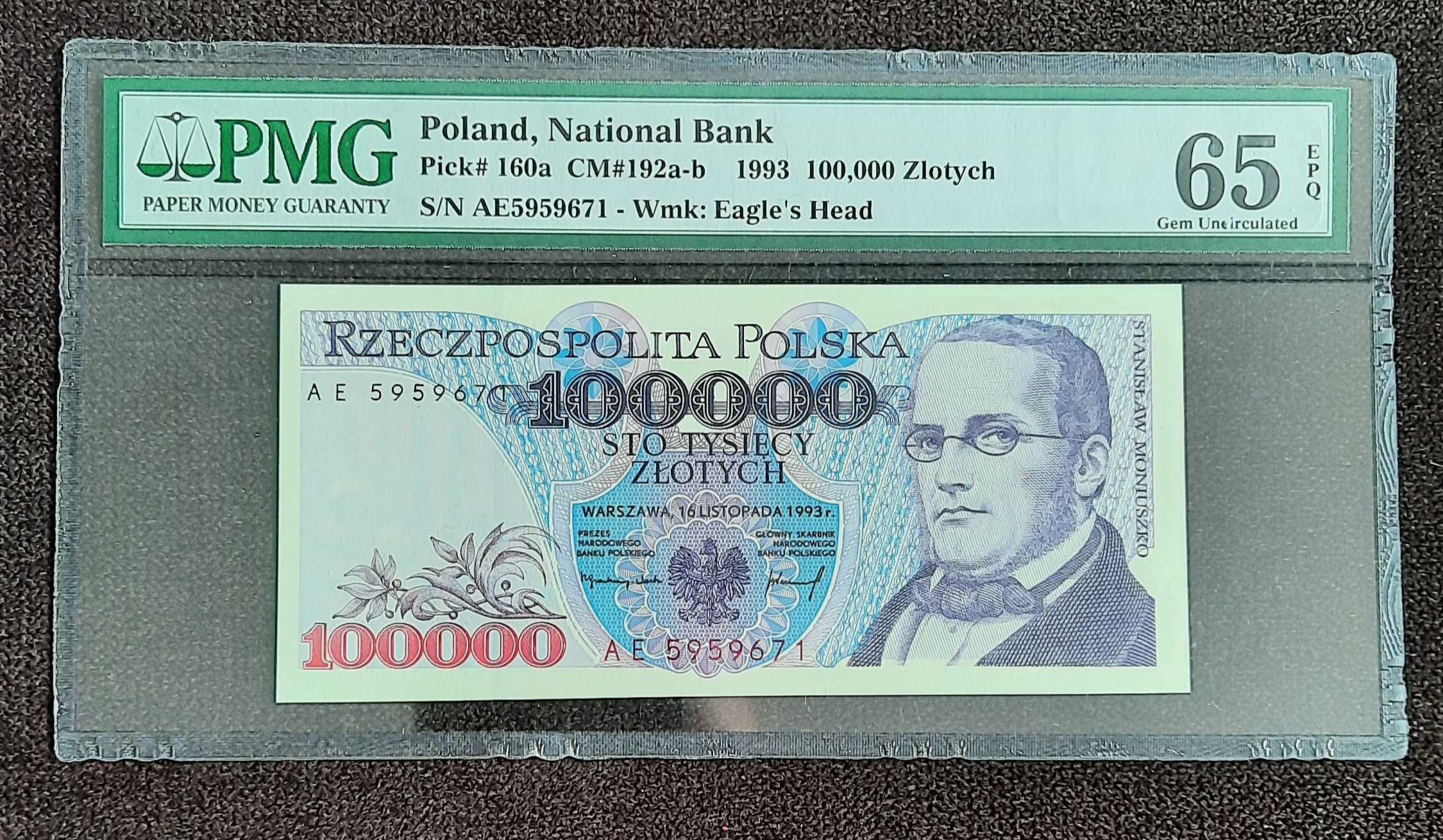 Banknot 100000 zł 1993r ser. AE 595. PMG 65 Moniuszko