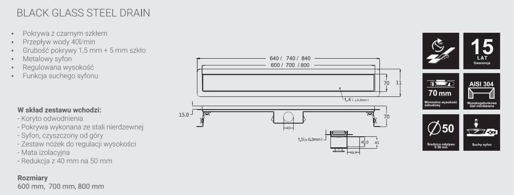 Odpływ liniowy black glass steel 700