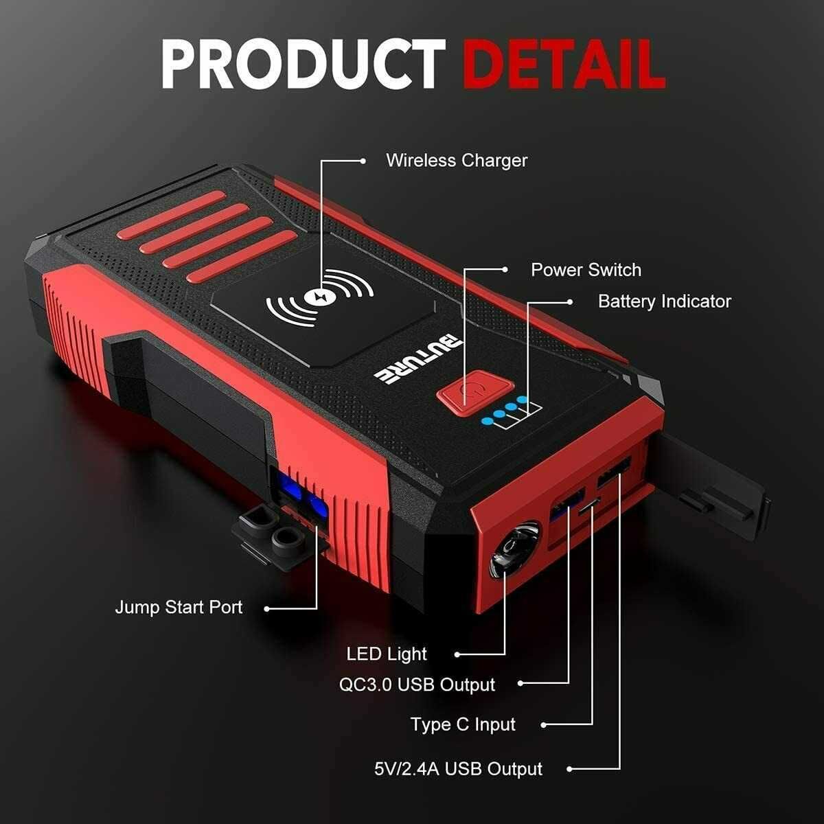 BuTure Led jump starter booster 2500A wireless arranque bateria