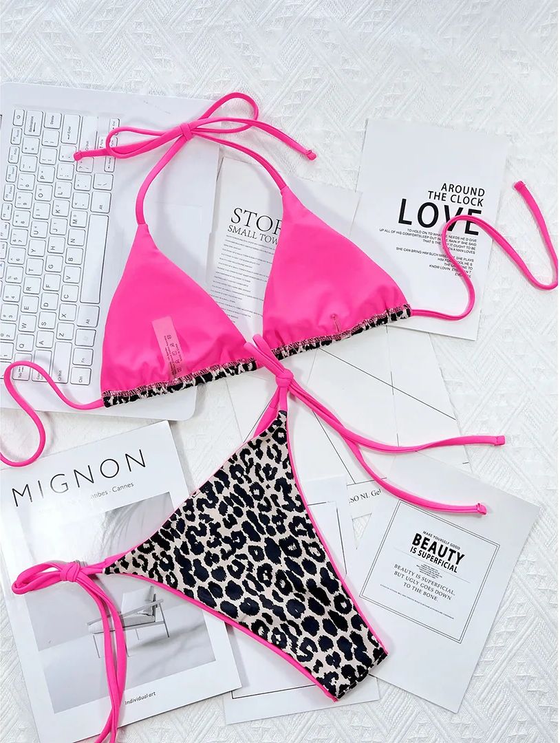Strój Kąpielowy BIKINI Stringi SEXY Neon Wiązane Panterka - S