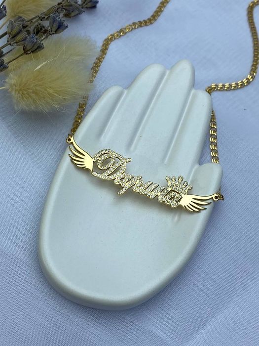 Кольє з камінчиками в позолоті, іменна срібна підвіска з камінчиками