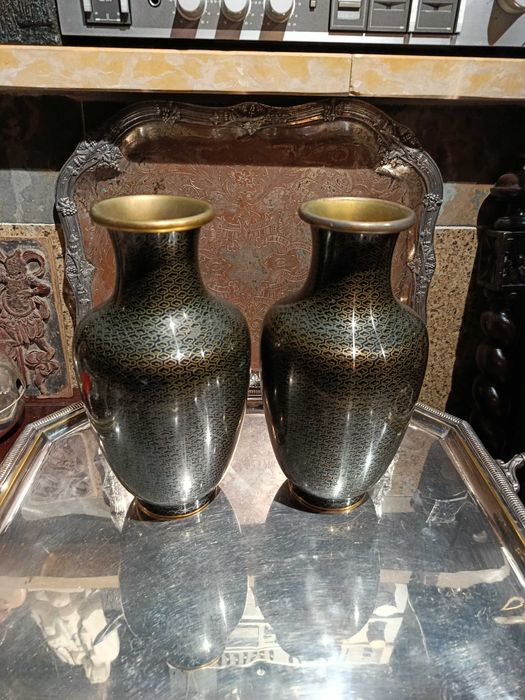 Raros Potes Cloisonné Antigos Família Negra 27 cm