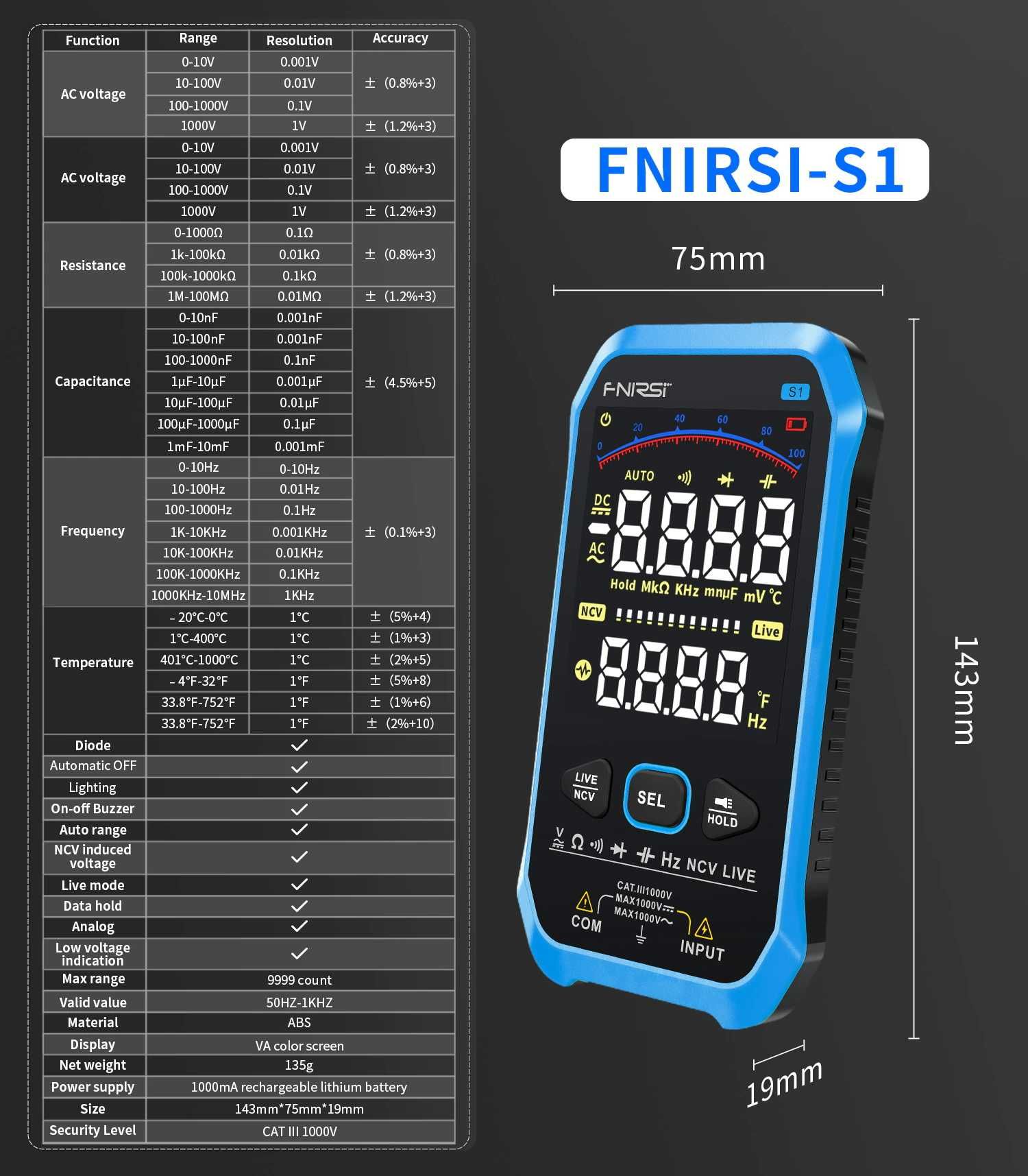 FNIRSI S1 и DMT-99 Smart тестер мультиметр NCV AC/DC R/C/D t/F, Li-Ion