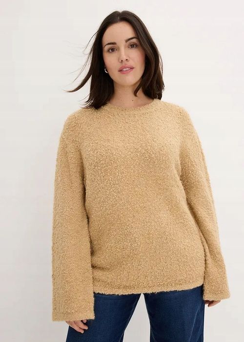 B.P.C sweter beżowy z przędzy boucle z poszerzanymi rękawami 48/50.