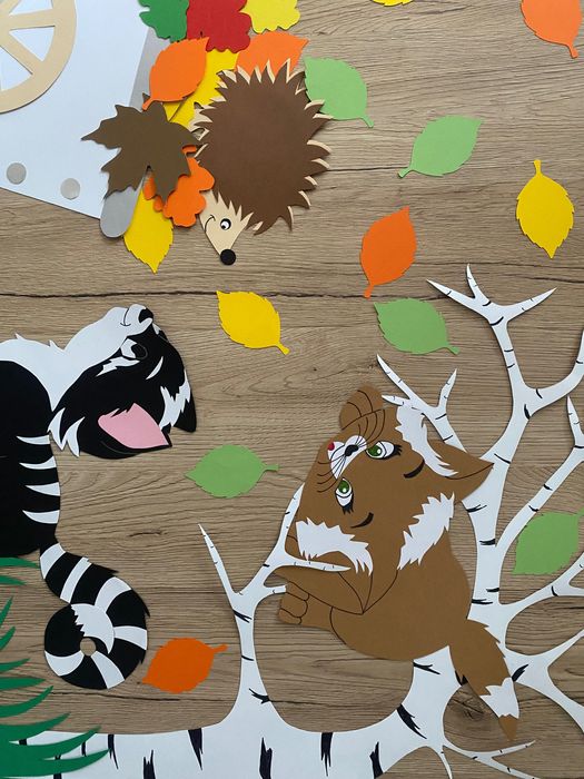 Dekoracja przedszkole szkoła kotki jesień ogród taczka