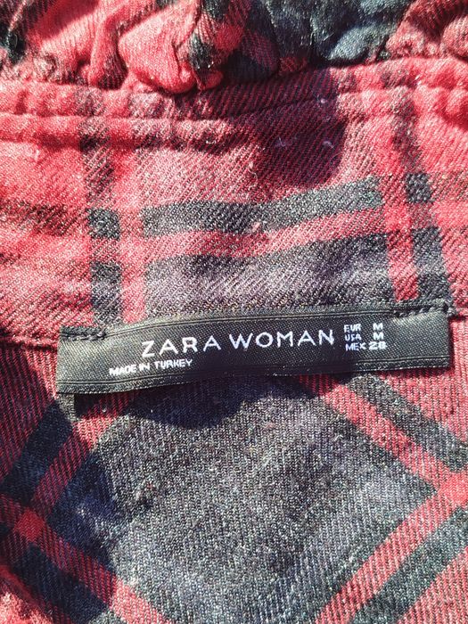 Czerwona w czarną kratę sukienka koszulowa Zara M 38