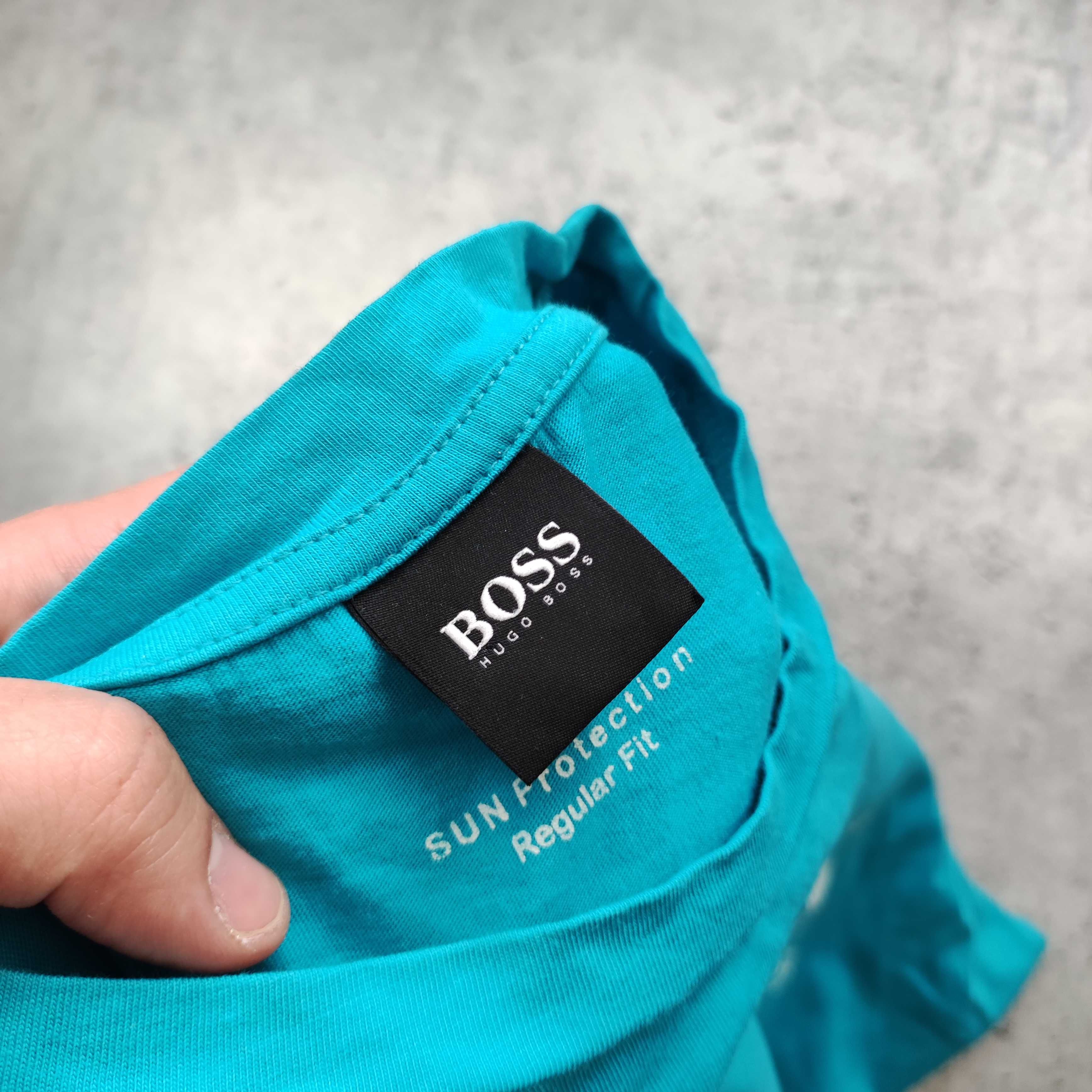 MĘSKA PREMIUM Koszulka Bawełna Morska Duże Logo Hugo Boss Nadruk Lato