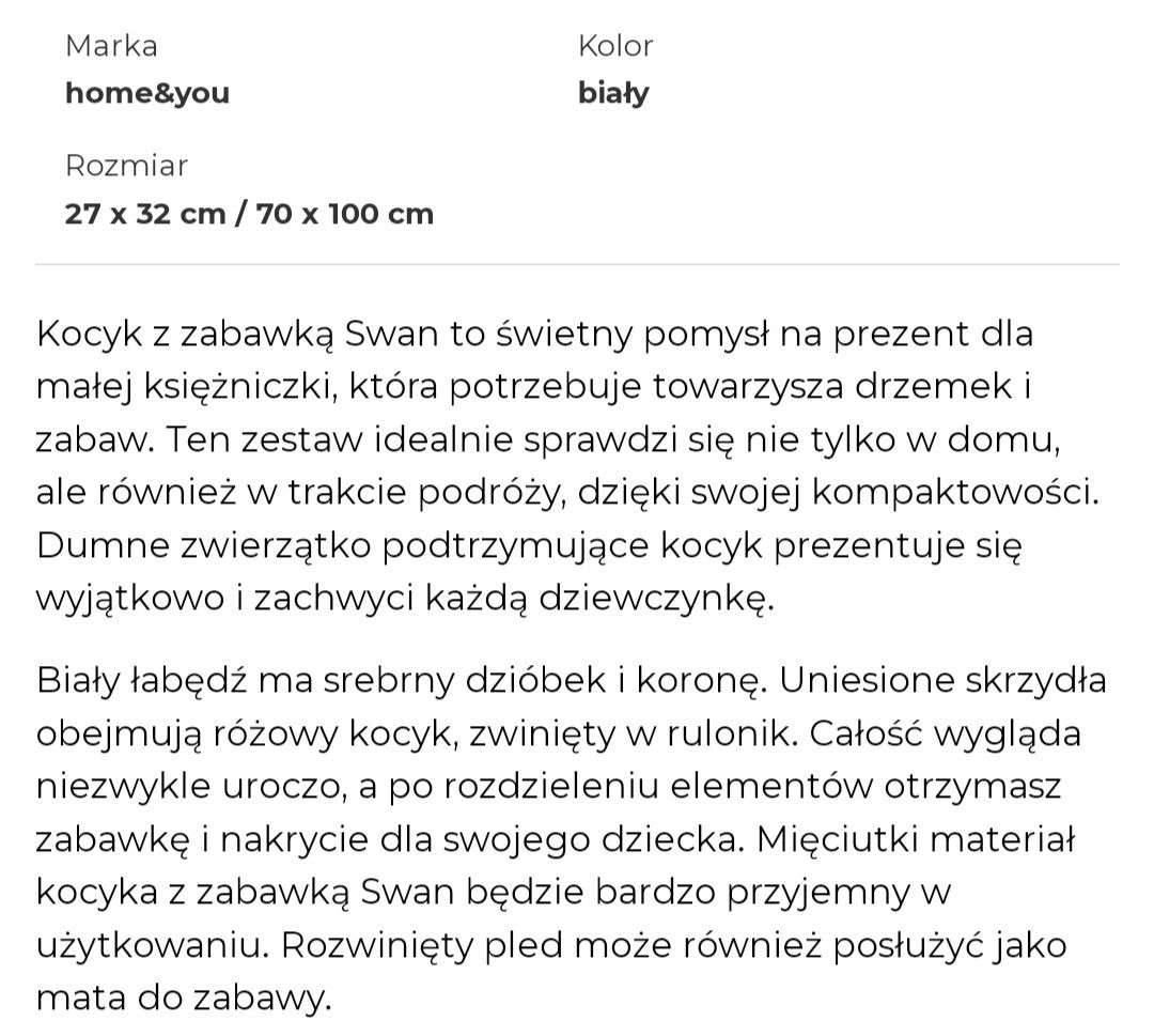 Nowy kocyk z zabawką home & you 70 x 100 łabędź