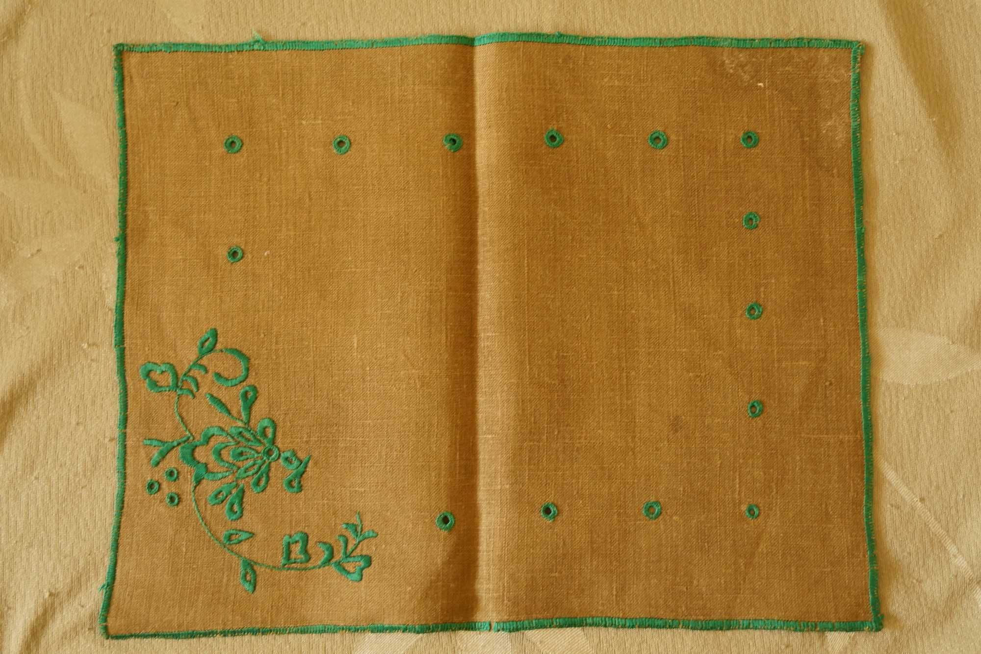 Nowa serweta obrus bieżnik lniany haft ciemne zielone kwiaty rękodzieł