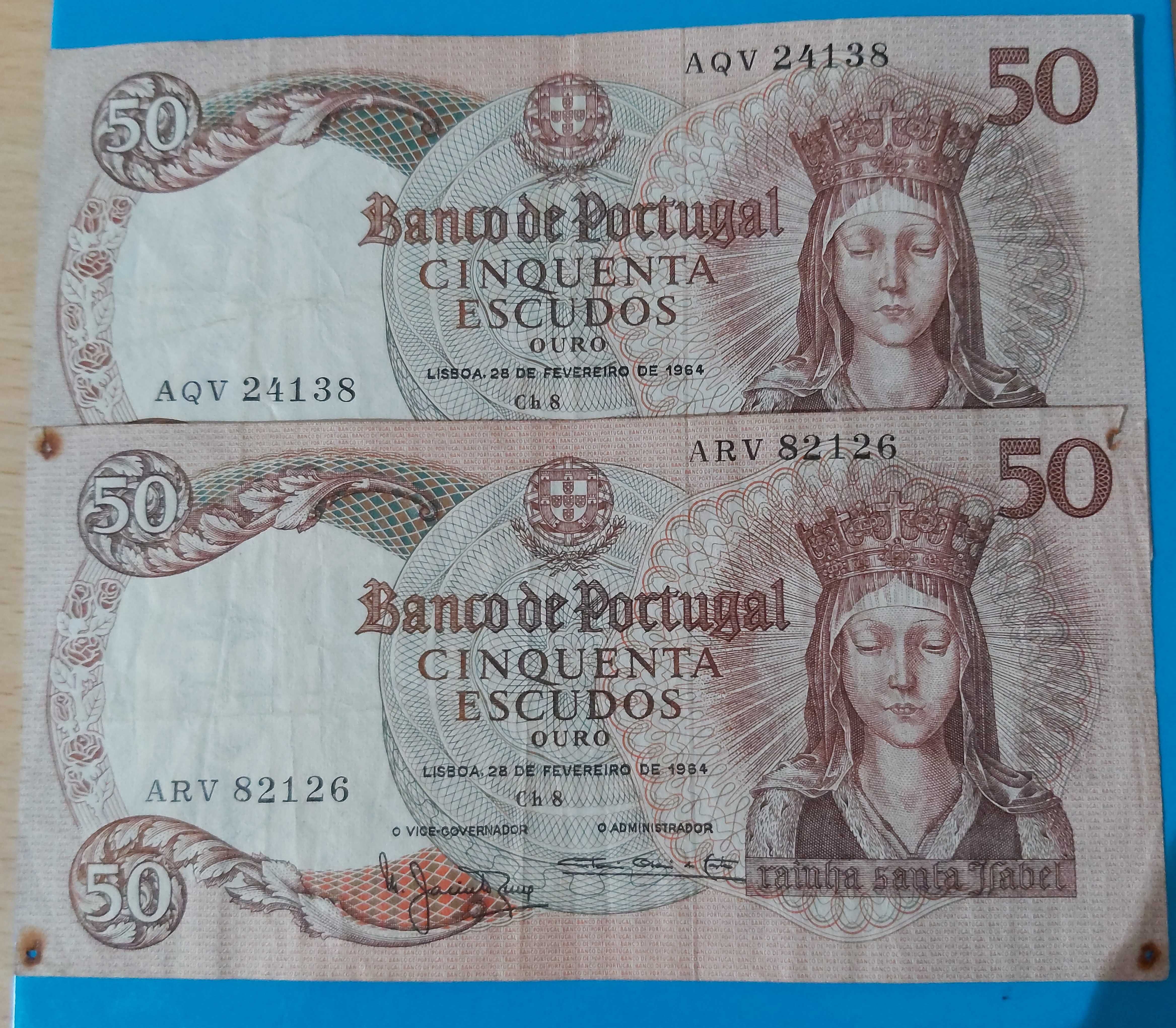 2 Notas de 50$00 de Portugal, CH 8, Rainha Santa Isabel 1964