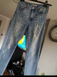 Hello Miss spodnie jeansowe z perełkami mega wygodne M