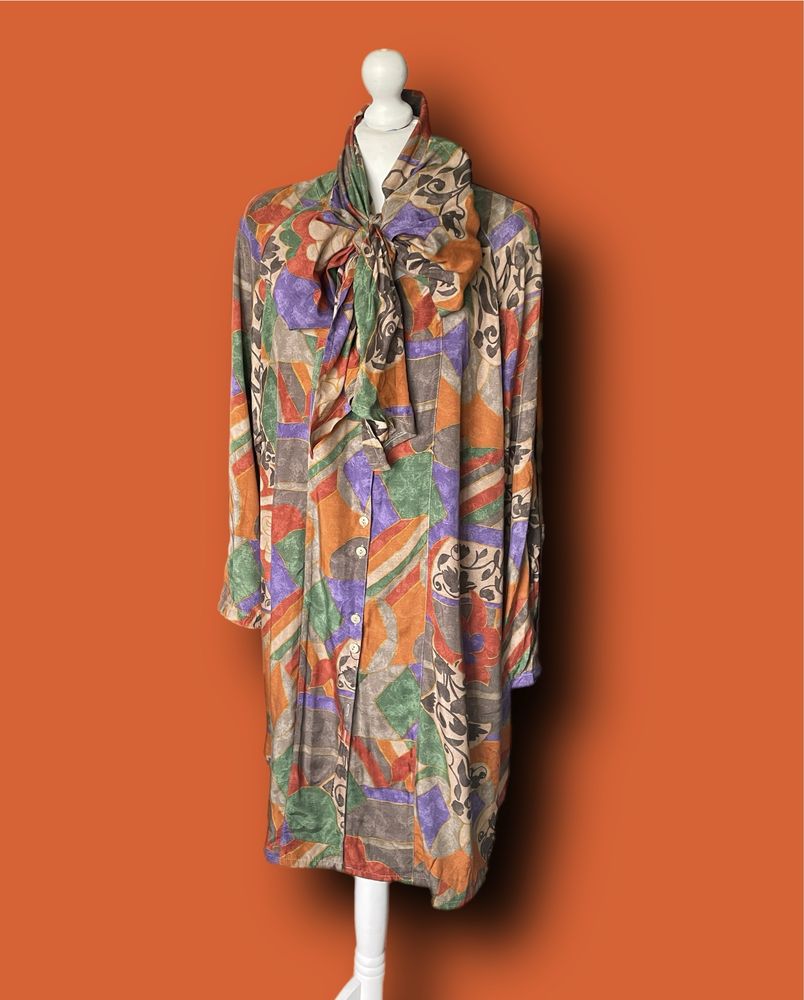 Sukienka koszulowa vintage z kokarda 44 XXL wiskoza