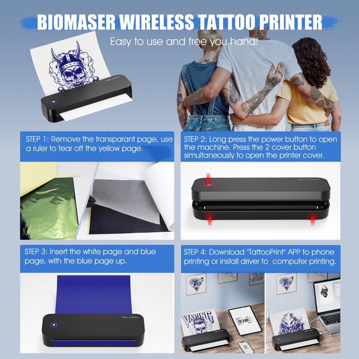 BIOMASER Drukarka do tatuażu Bluetooth, z 20 arkuszami papieru A4 R904