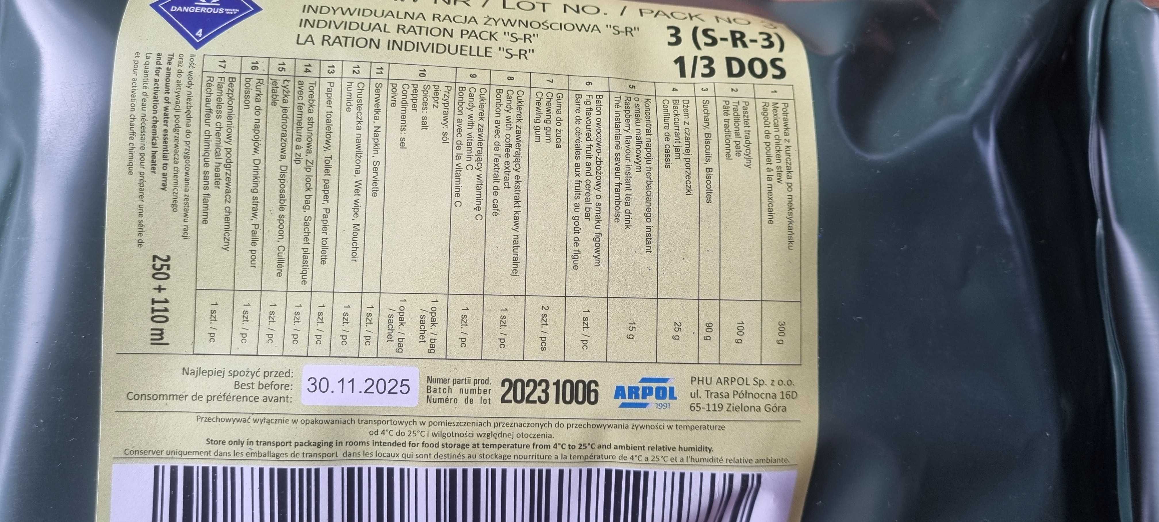 Indywidualna racja żywnościowa S-R 1/3 DOS Nr : 3, 4  . 3sztuki